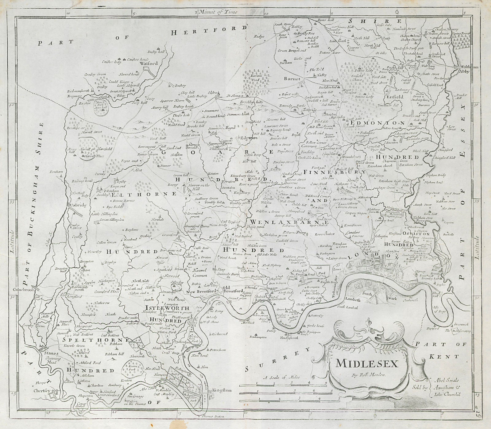 Middlesex. 'MIDLESEX' by ROBERT MORDEN.Present-day North & West London 1722 map